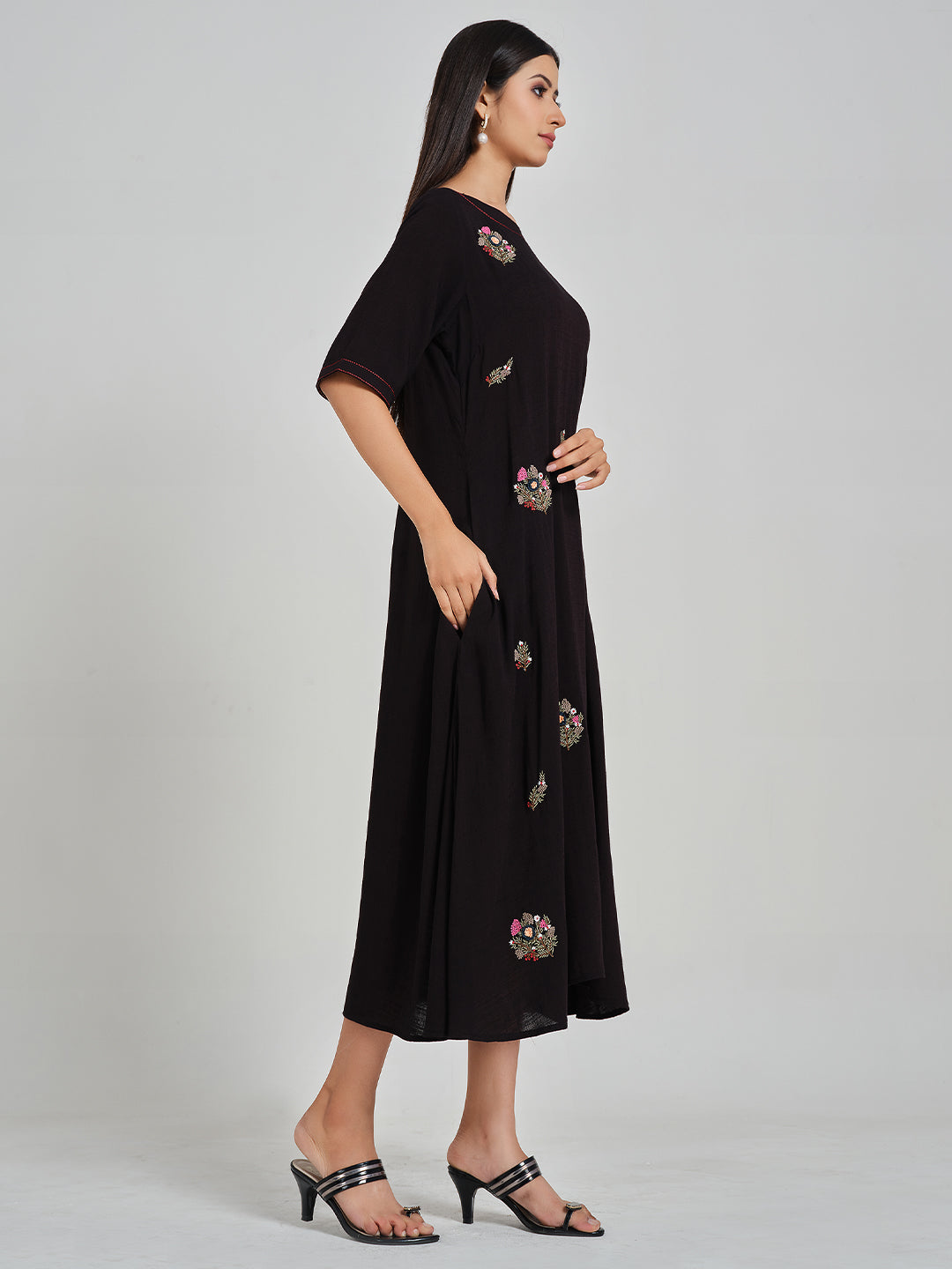 Black Embroidered A-Line Dress - ARH694
