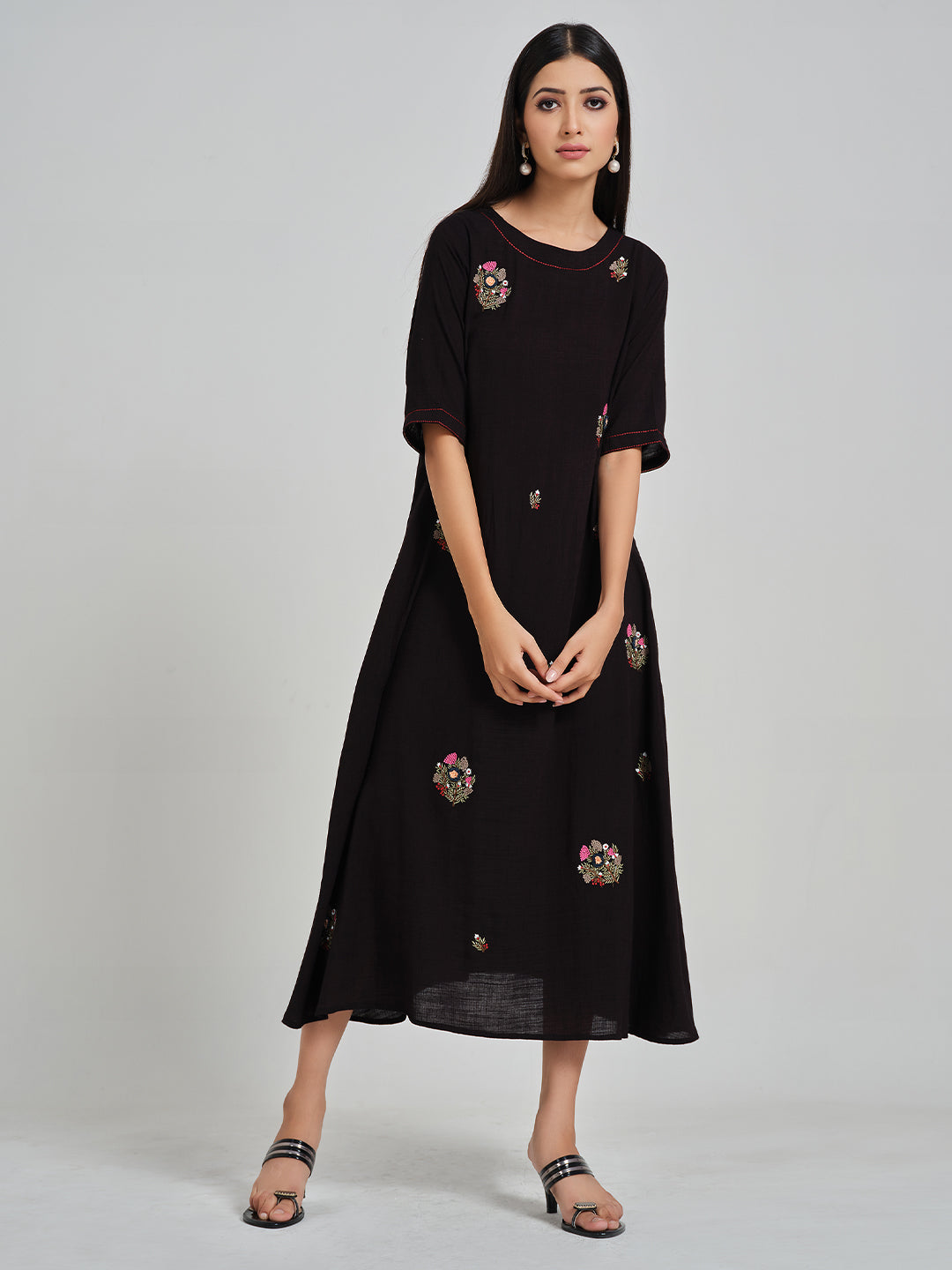 Black Embroidered A-Line Dress - ARH694