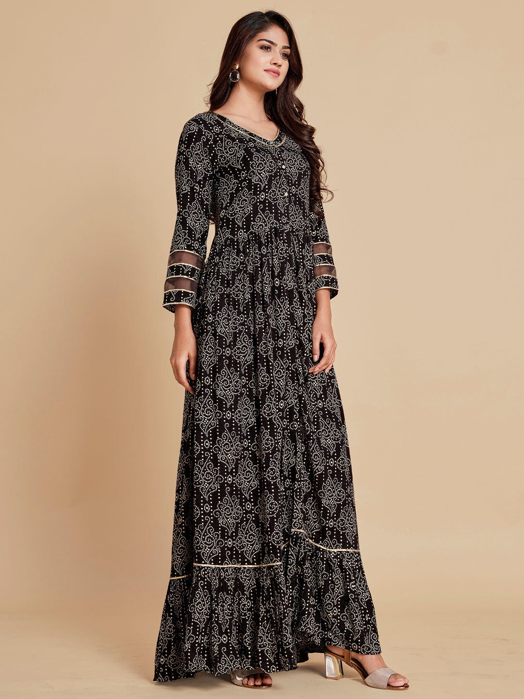 Black Bandhani Flared Dress - ARH701