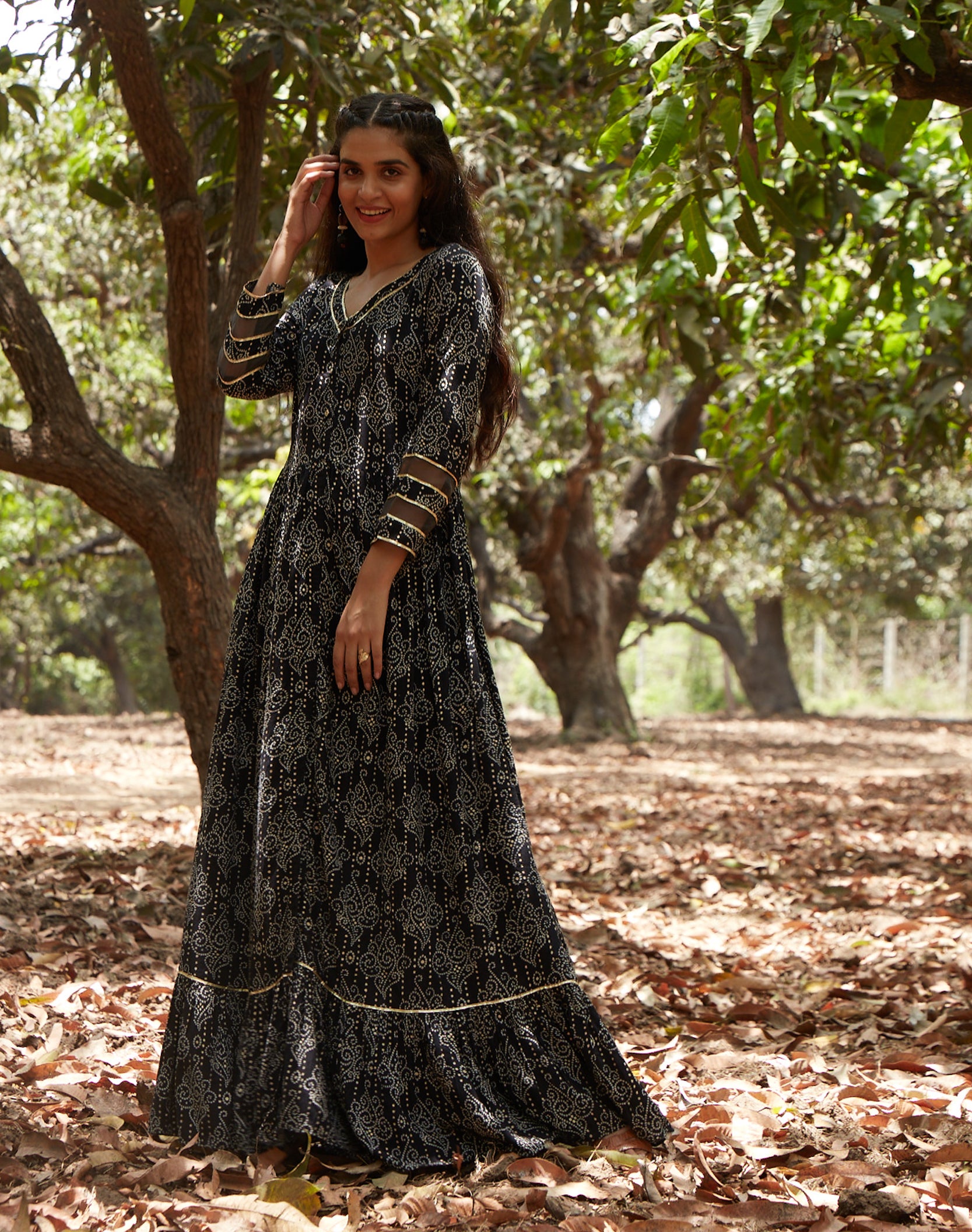 Black Bandhani Printed Flared Dress - ARH701AB