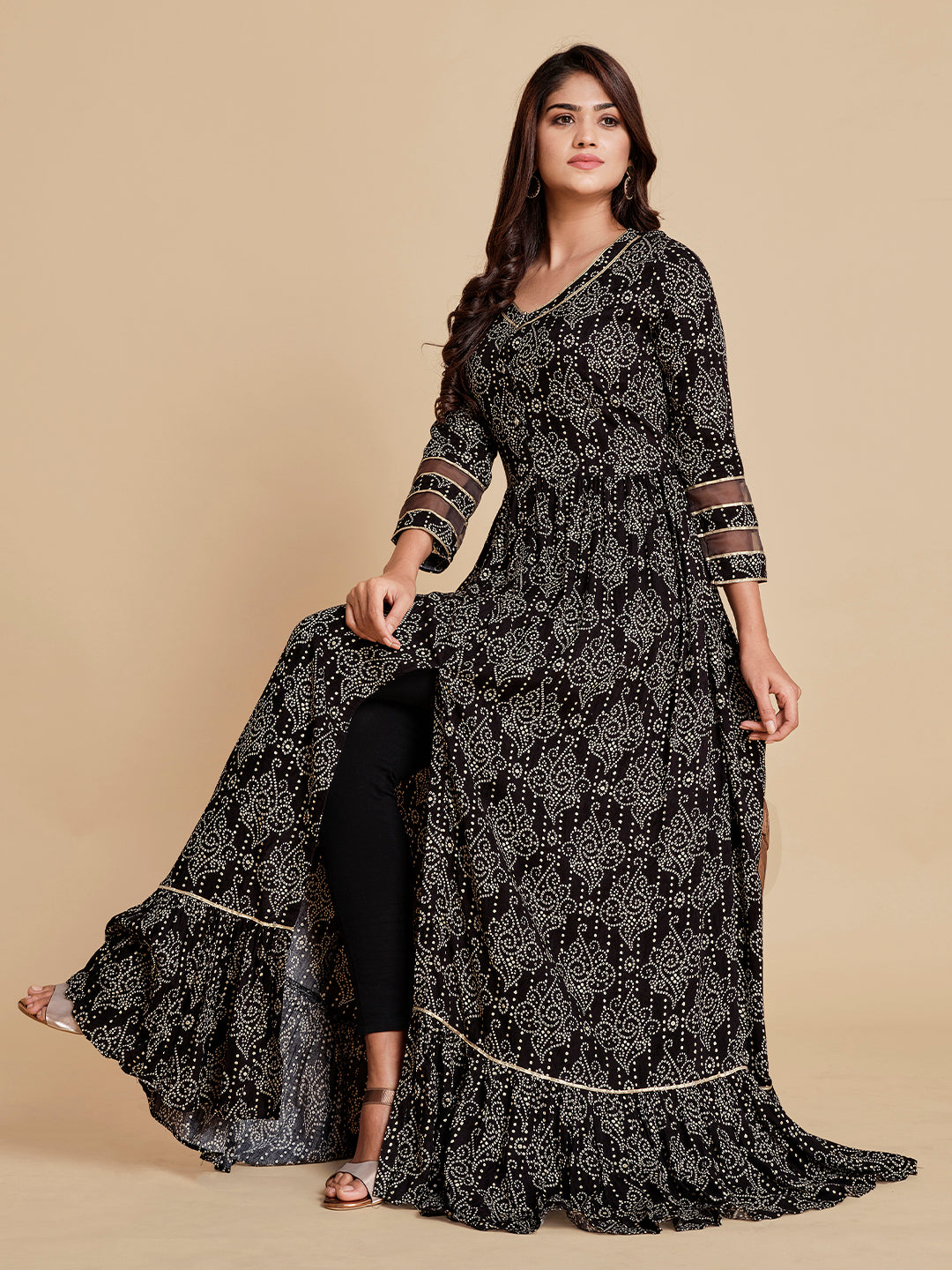 Black Bandhani Flared Dress - ARH701