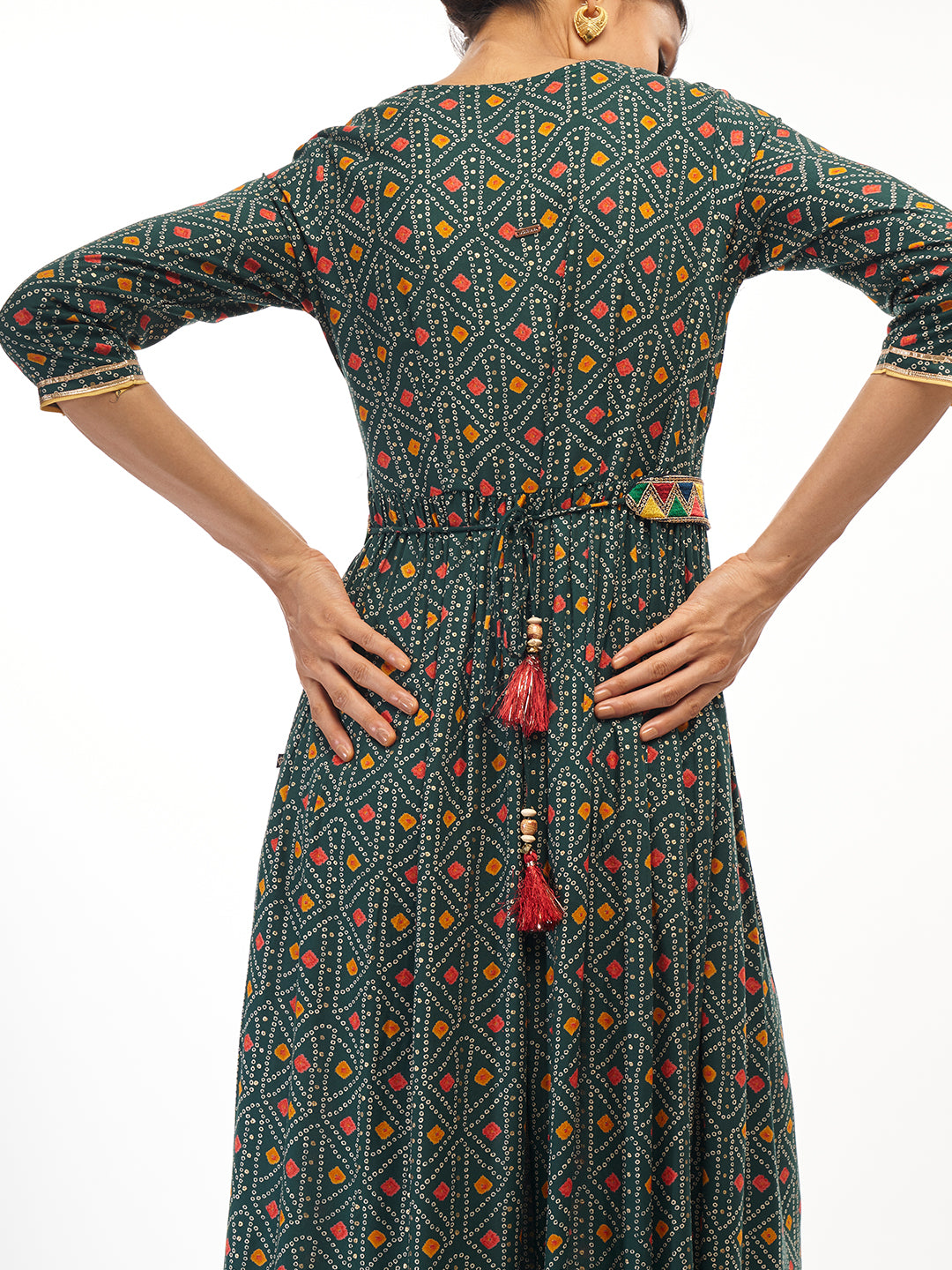 Bandhani Print Tie Up Dress - ARH702GN