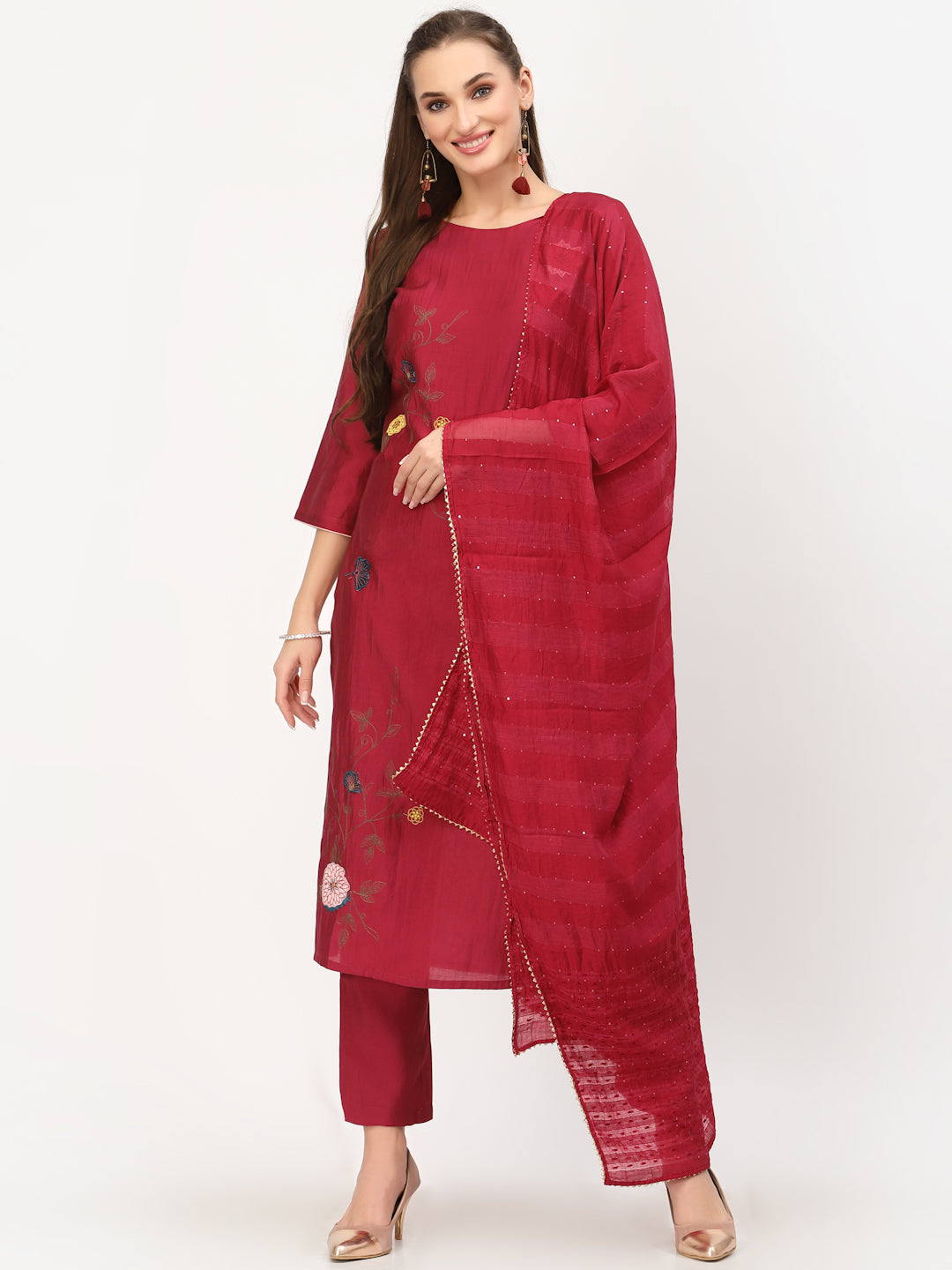 Floral Embroidered Straight Kurta With Trouser & Dupatta Set - ARH704