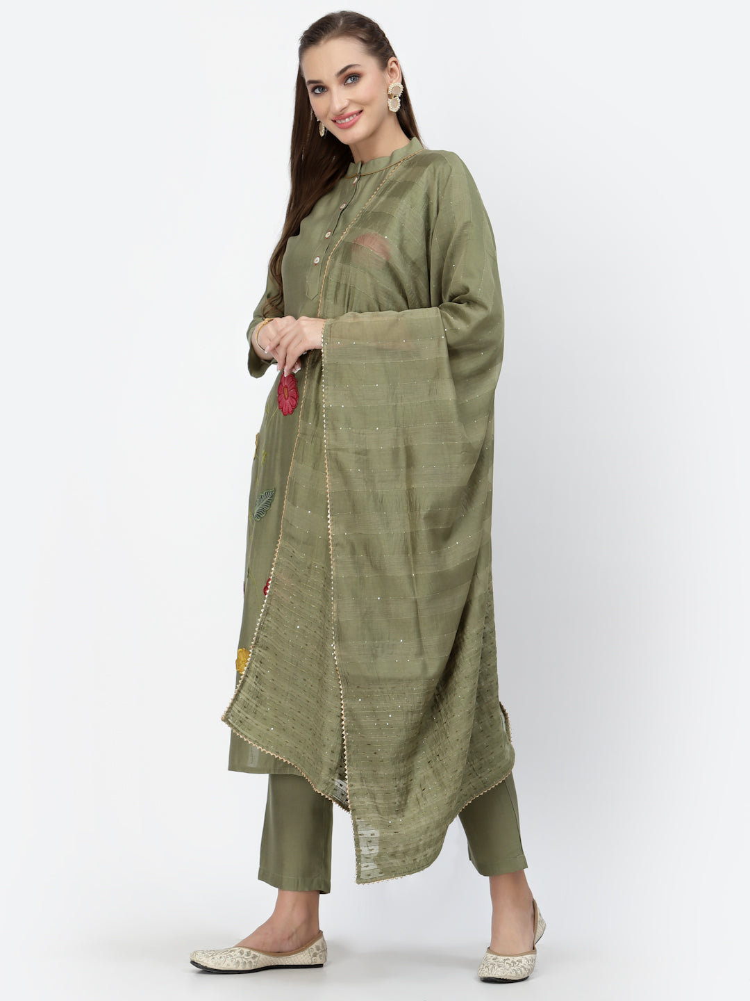Olive Floral Embroidered Straight Kurta With Trouser & Dupatta Set - ARH713