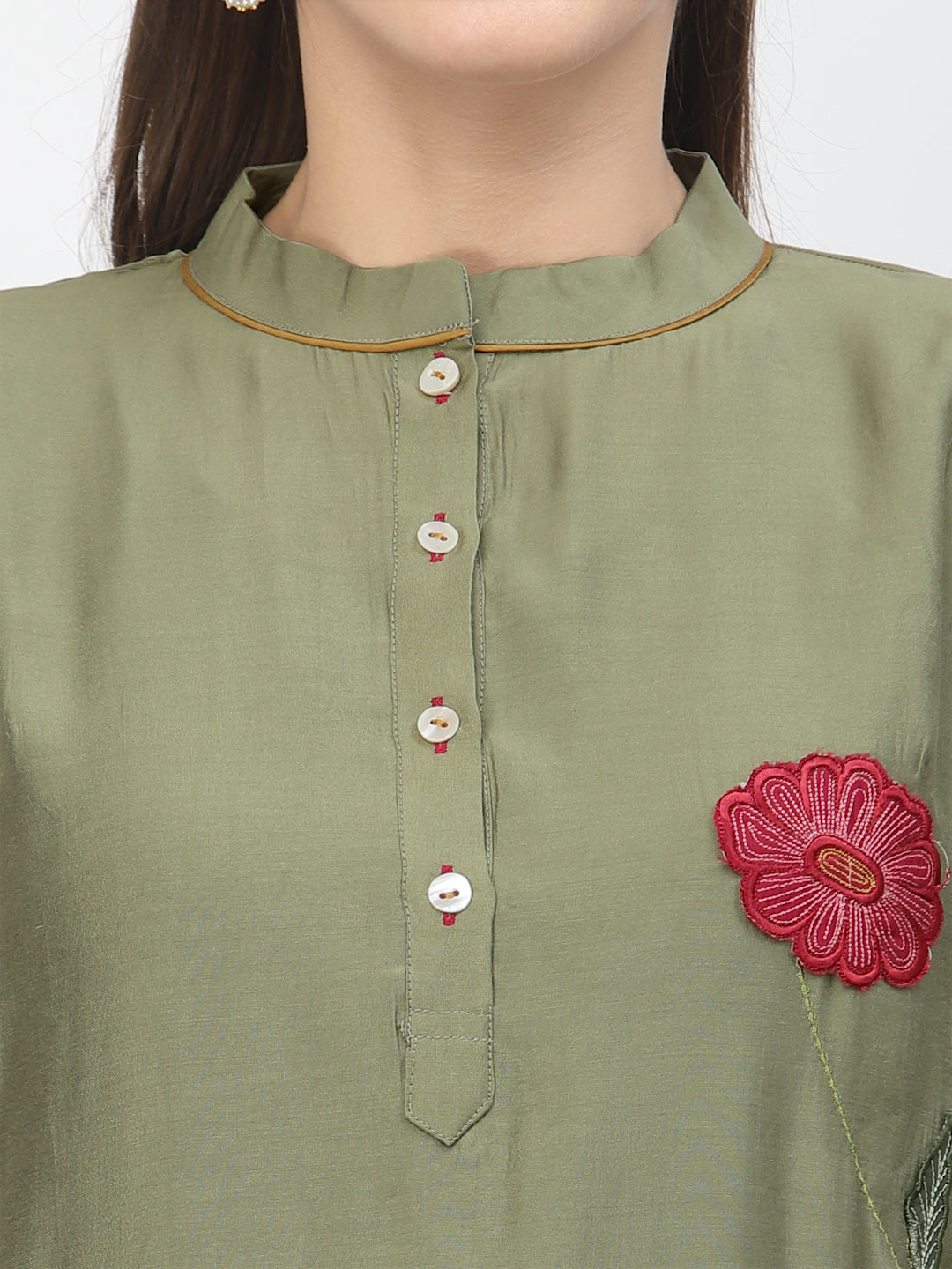 Olive Floral Embroidered Straight Kurta With Trouser & Dupatta Set - ARH713