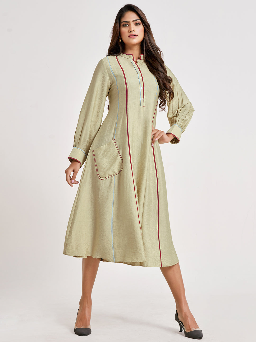 A-Line Dress With Cuffed Sleeve - ARH739