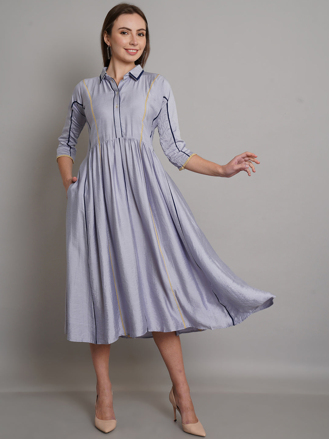 Fit & Flared Gathered Stripe Pattern Shirt Style Cut Work Dress - ARH752