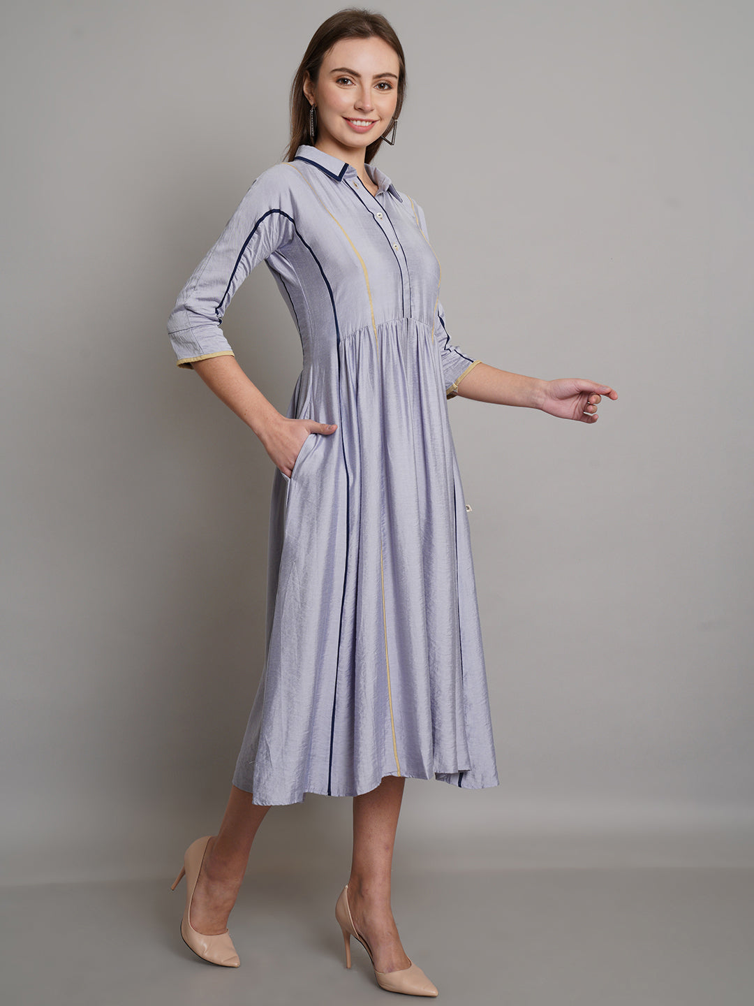 Fit & Flared Gathered Stripe Pattern Shirt Style Cut Work Dress - ARH752