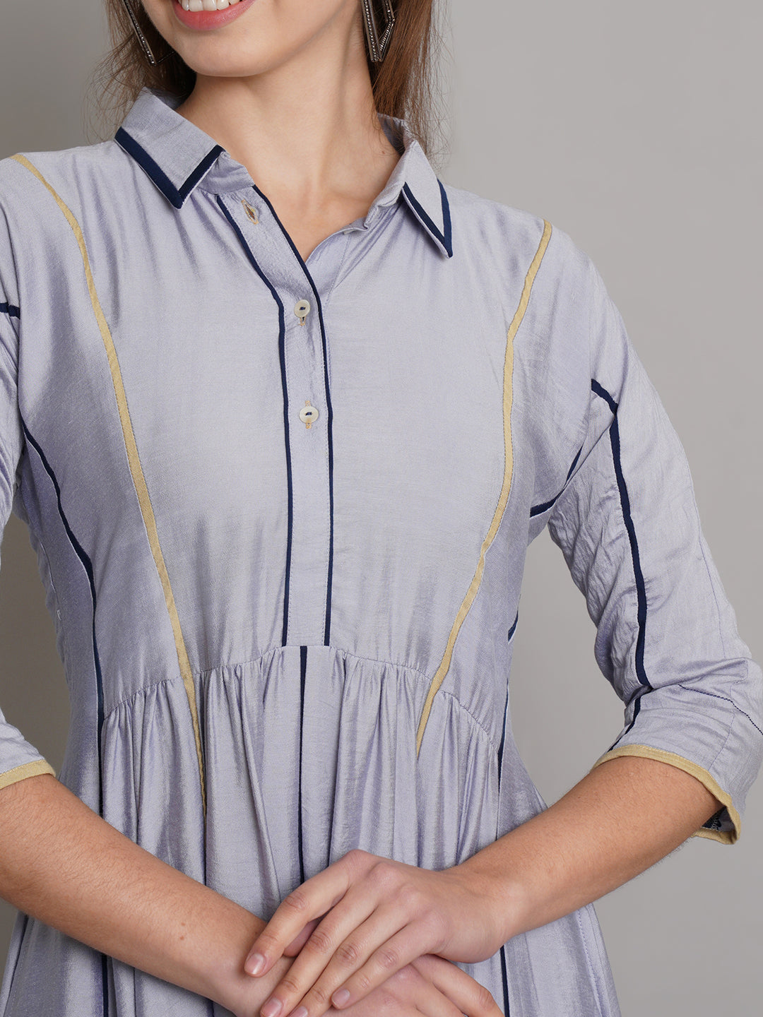 Fit & Flared Gathered Stripe Pattern Shirt Style Cut Work Dress - ARH752