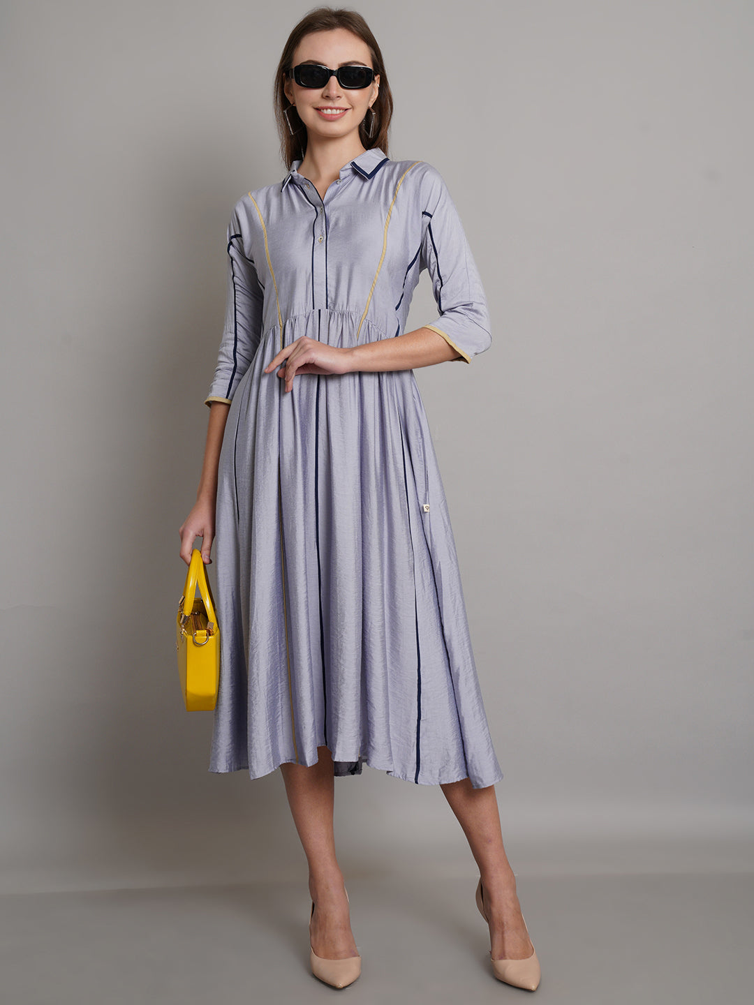 Fit & Flared Gathered Stripe Pattern Shirt Style Cut Work Dress - ARH752