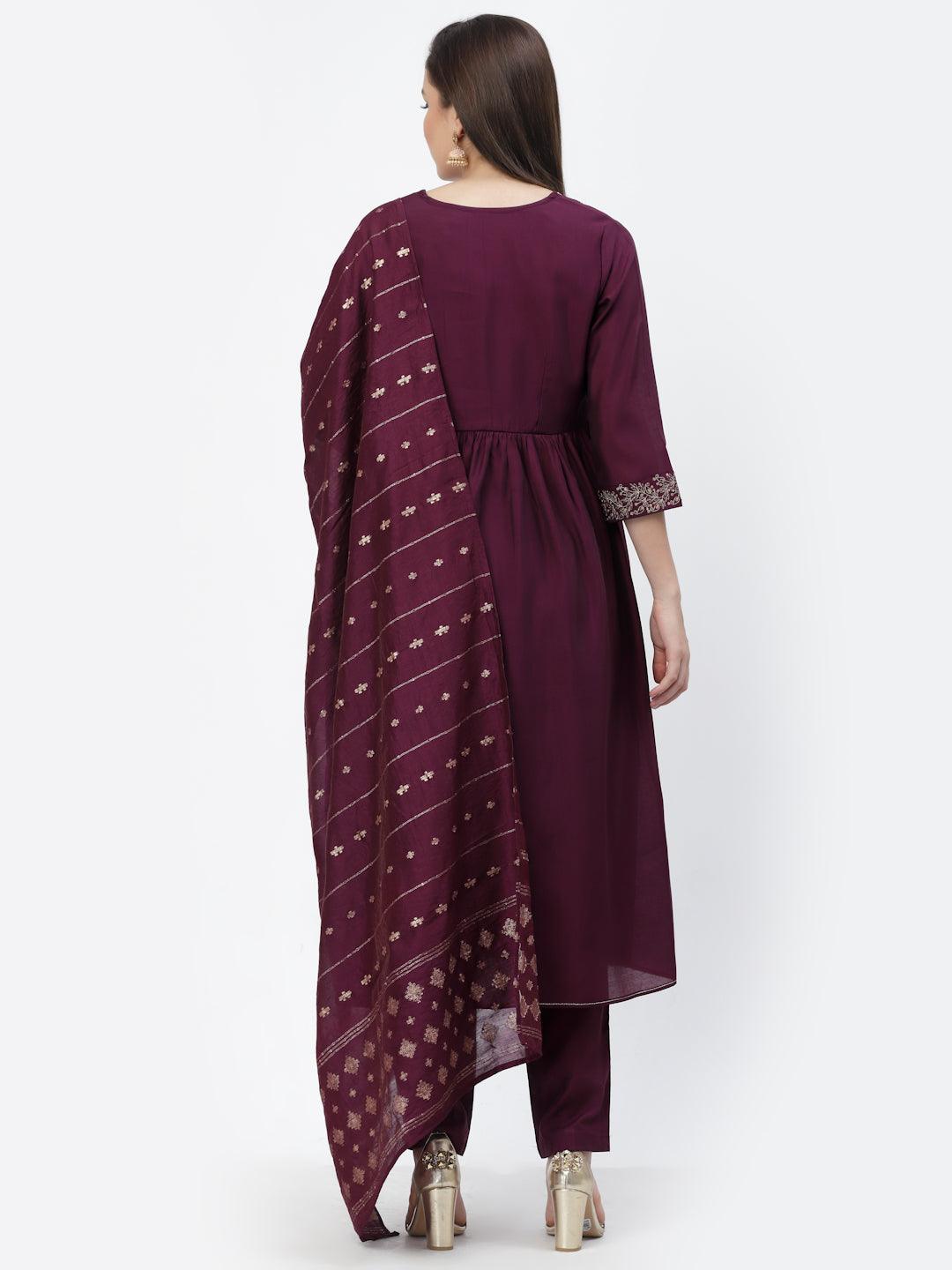 Wine Embellished Flared Kurta, Trouser & Dupatta Set