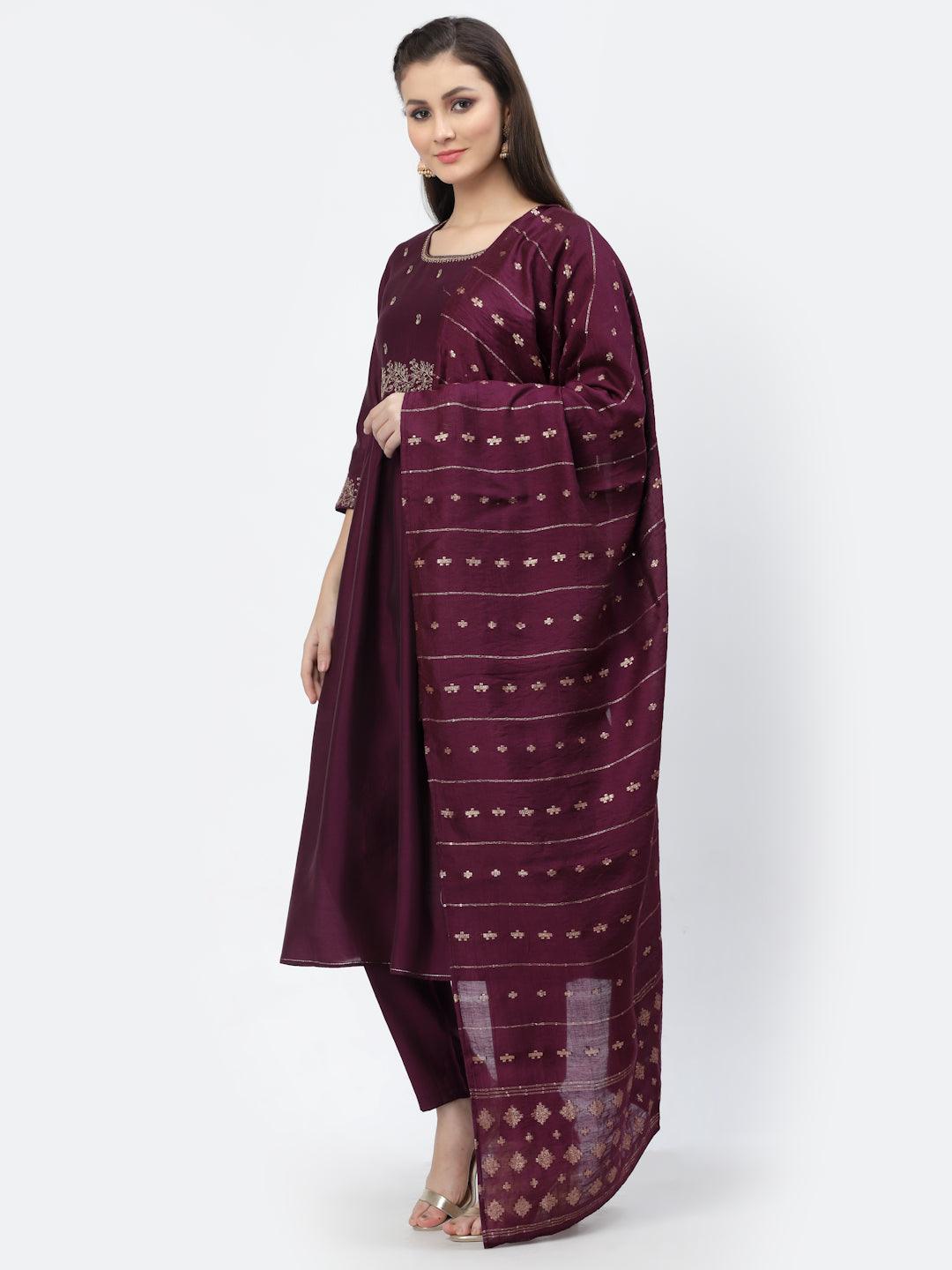 Wine Embellished Flared Kurta, Trouser & Dupatta Set