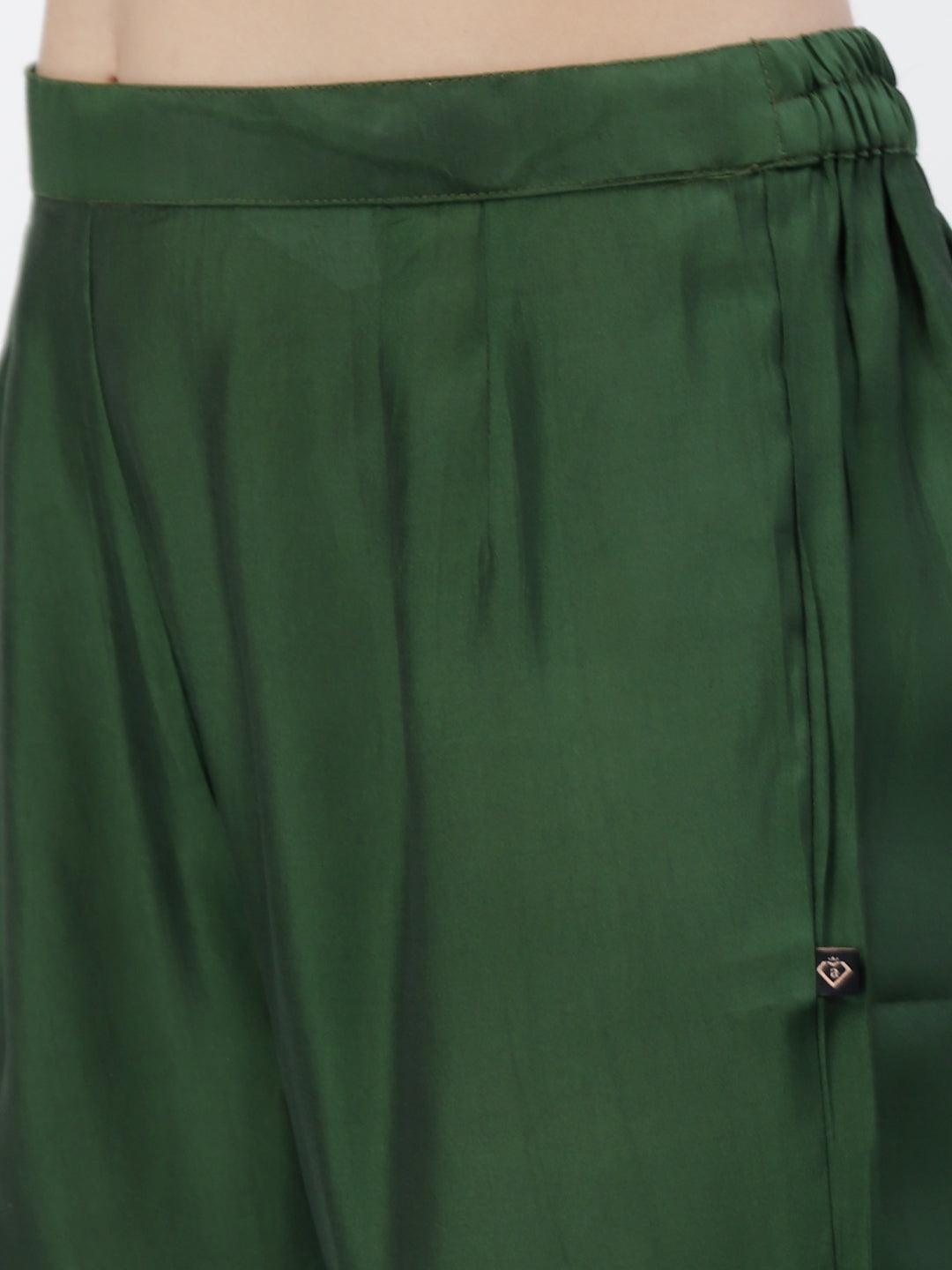 Green Embellished Gathered Kurta, Dupatta & Trouser Set - ARH841