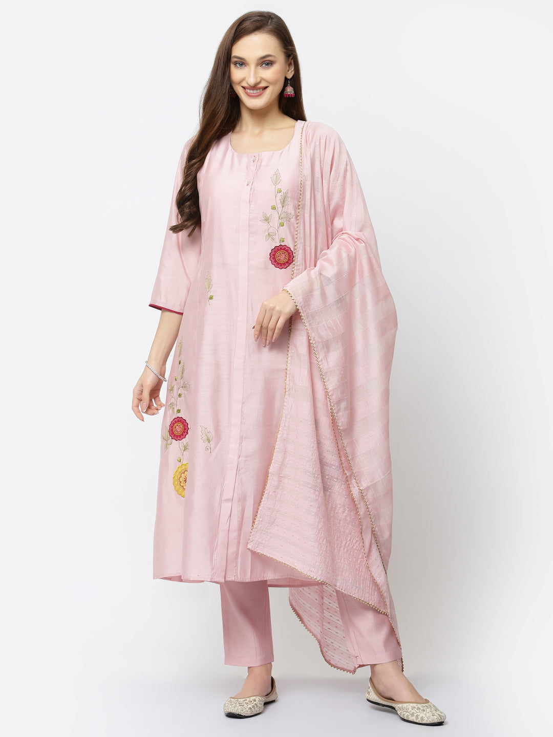 Chanderi Silk Pink Embroidered Kurta Set with Dupatta & Pant - ARH873