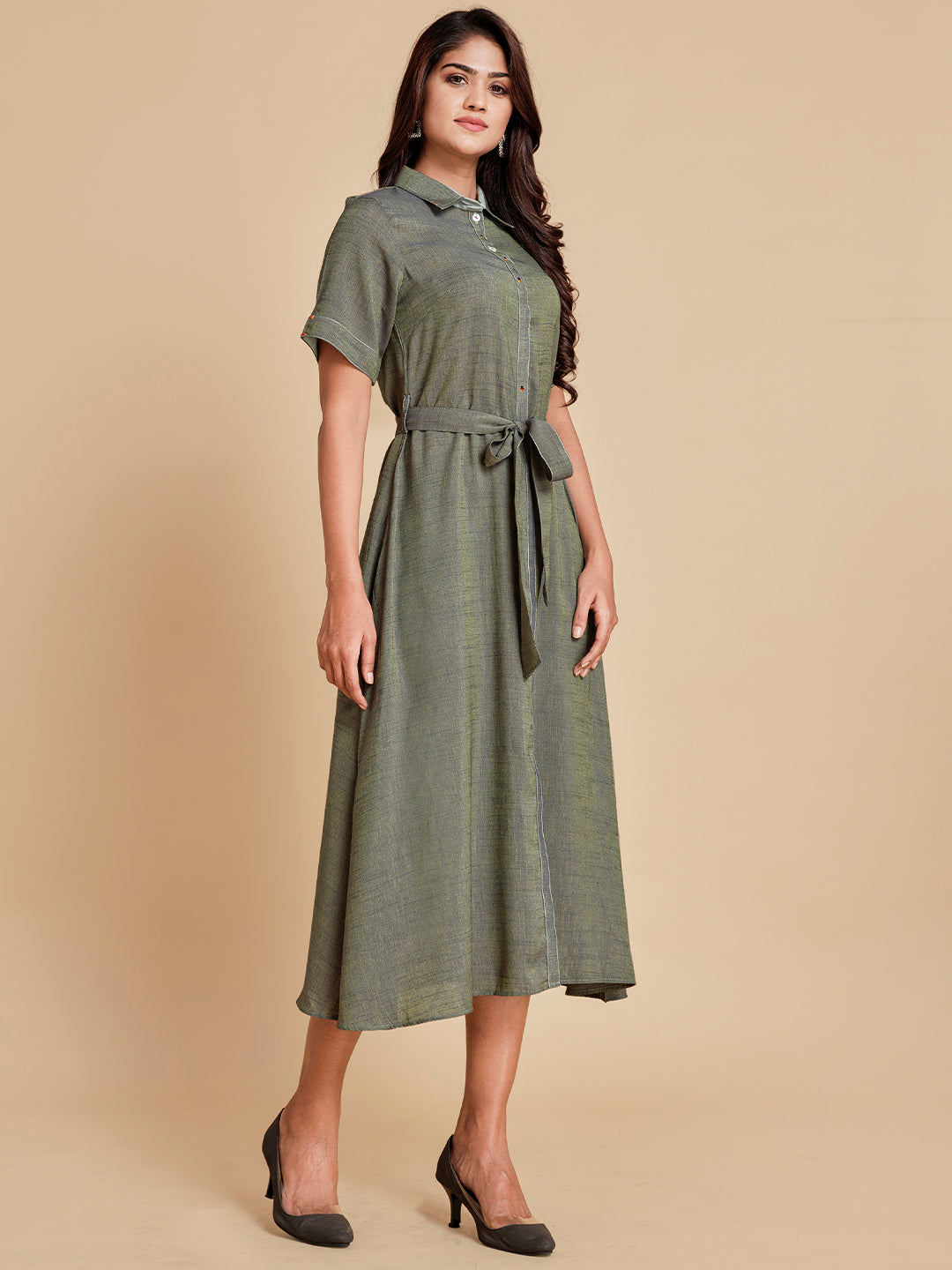 Olive Shirt Dress With Tie Up Belt - ARH909A