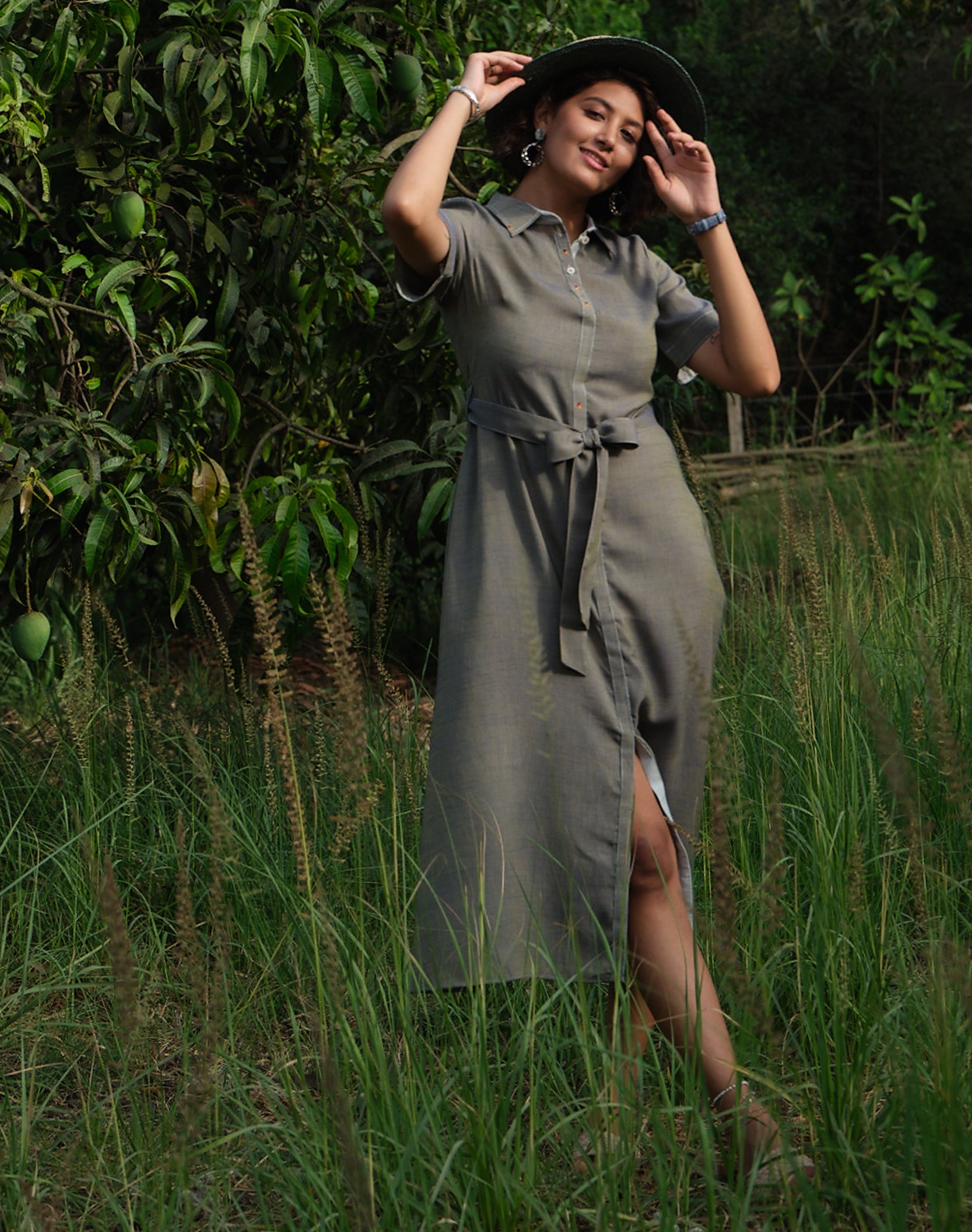 Olive Shirt Dress With Tie Up Belt - ARH909AB