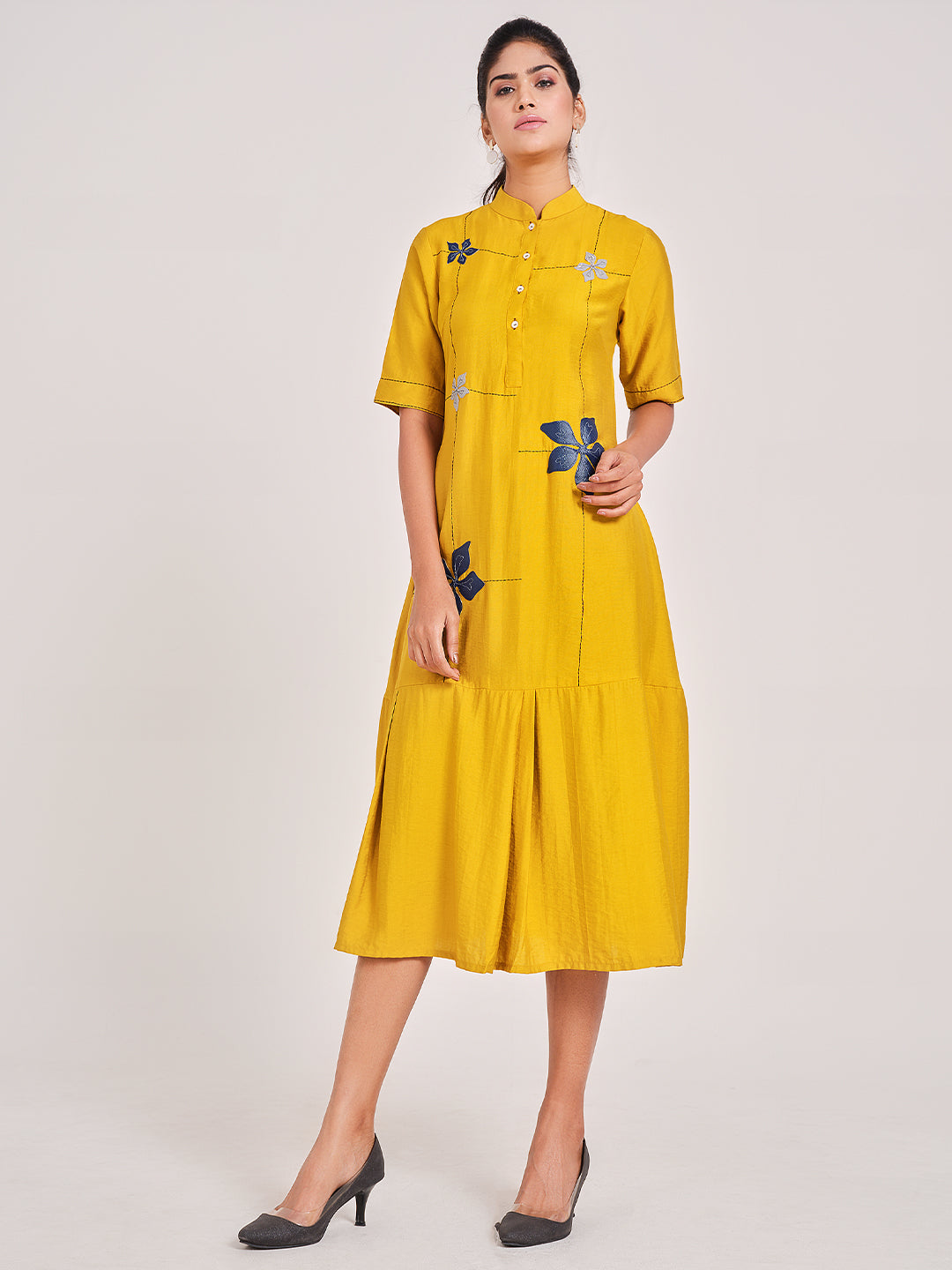 Yellow Leather Patch Work Dress - ARH947