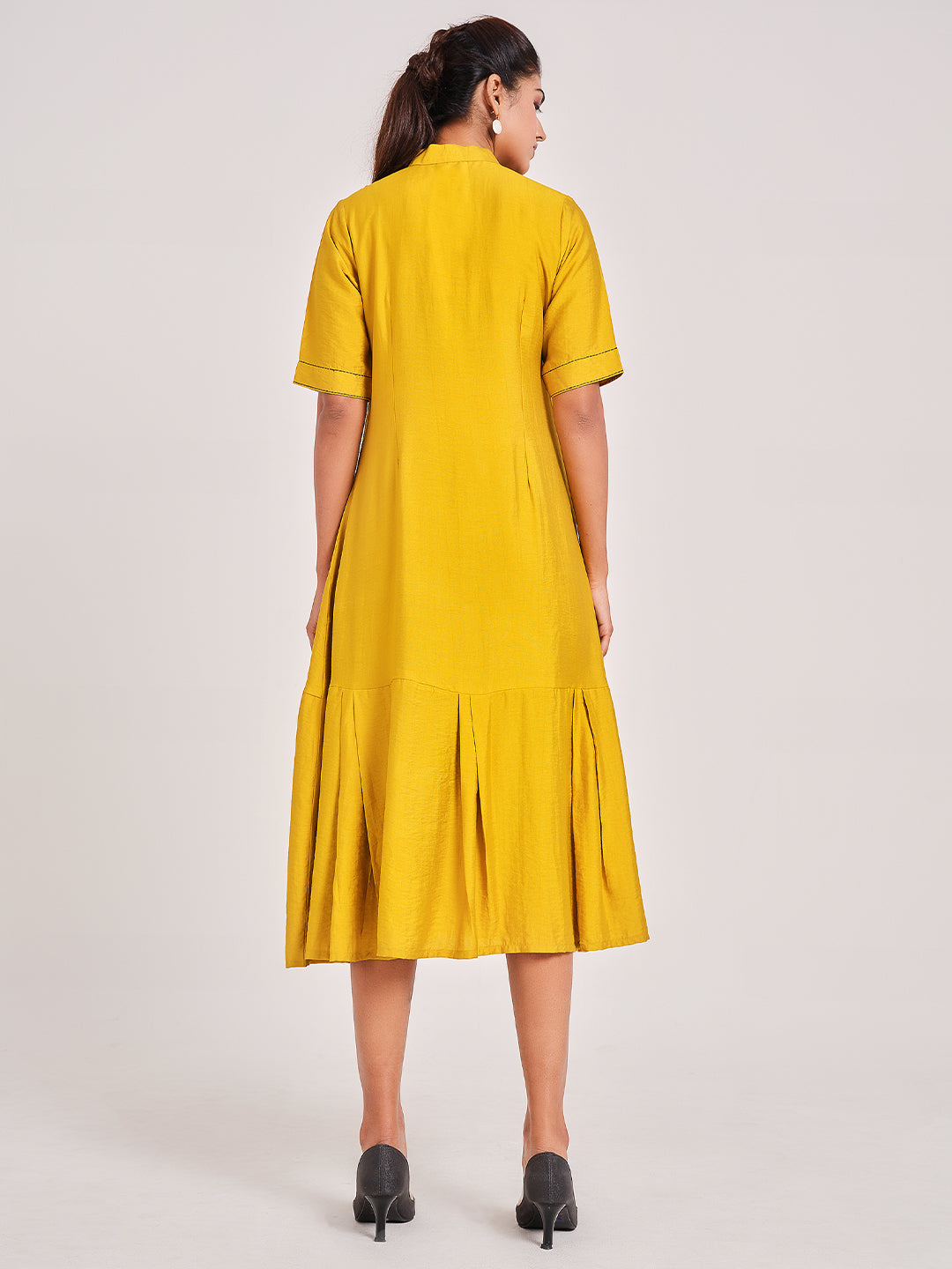Yellow Leather Patch Work Dress - ARH947
