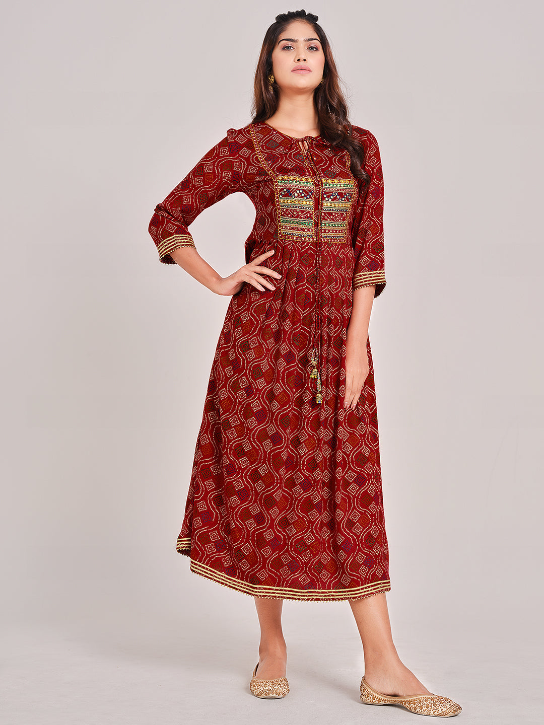 Red Printed Tie Up Neck Dress - ARH960R