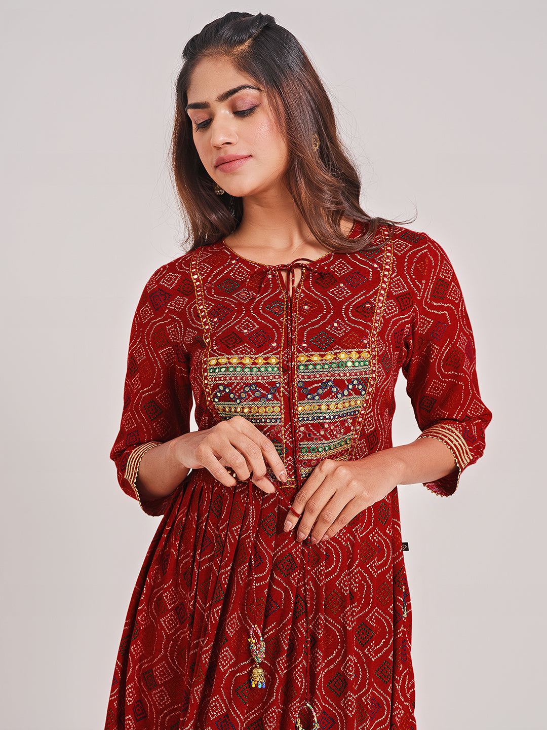 Red Printed Tie Up Neck Dress - ARH960R
